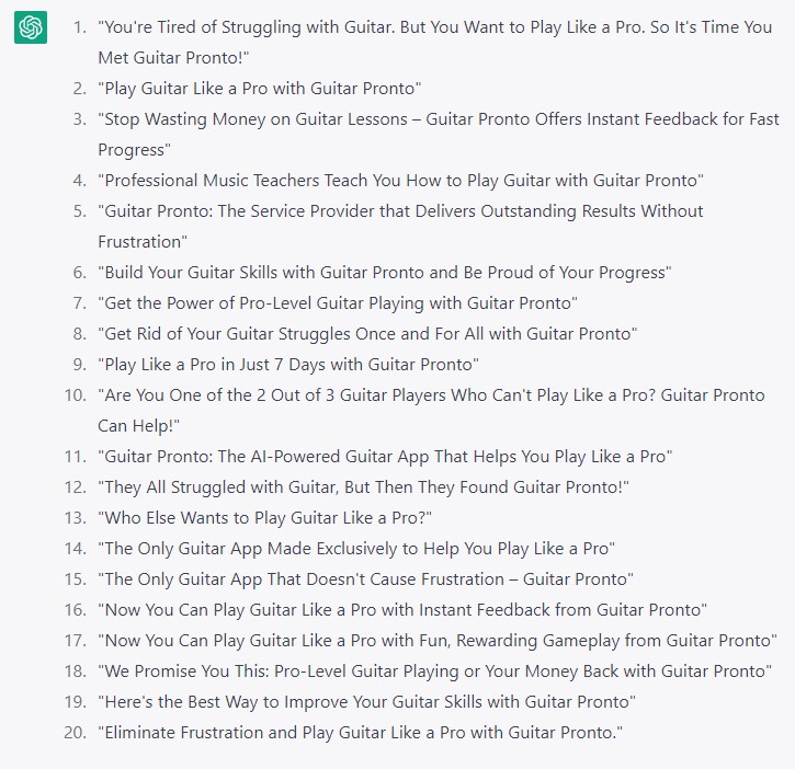 ChatGPT screenshot listing 20 varied headline options for Guitar Pronto using urgency, proof, and guarantee angles
