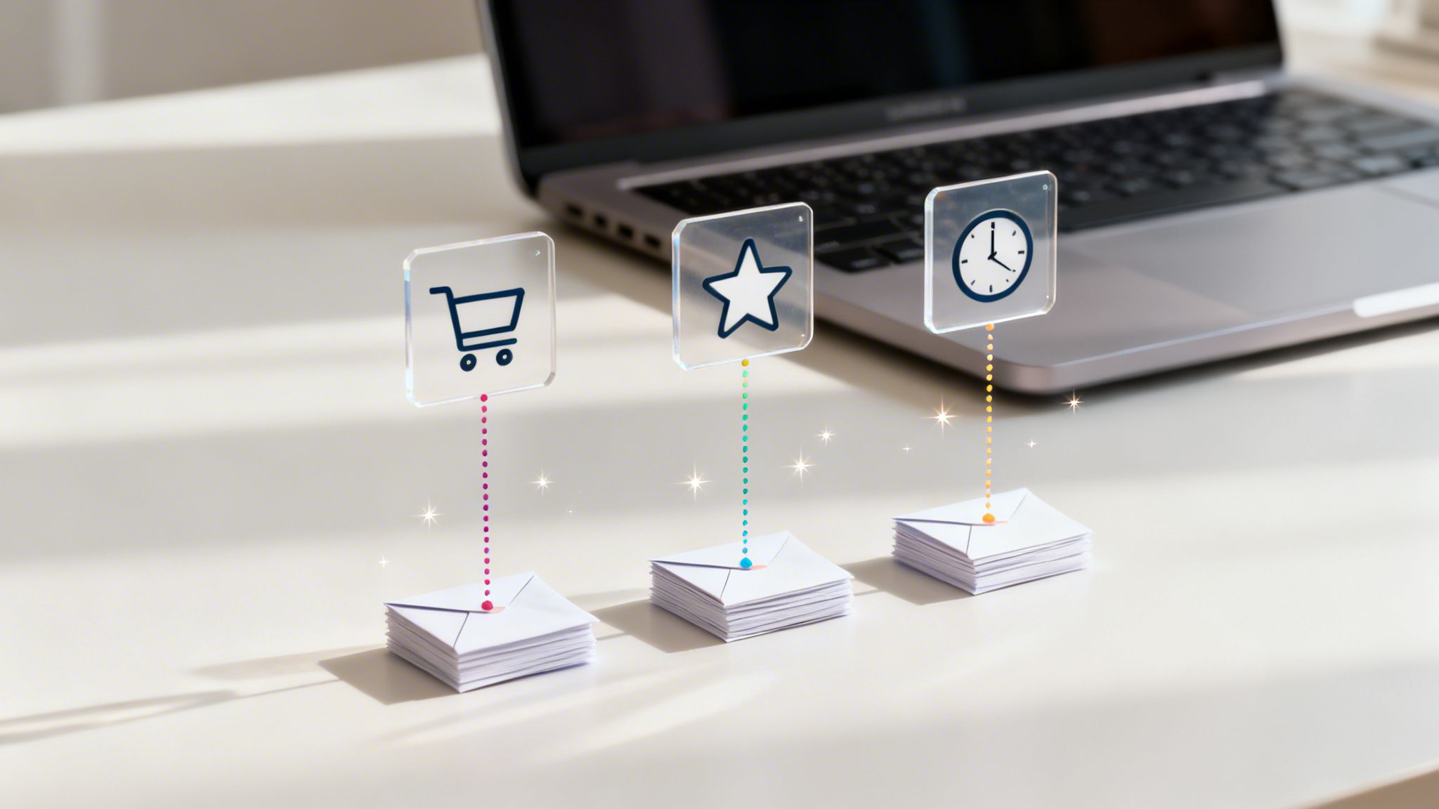 Email marketing concept with shopping cart, star, and clock icons above envelope stacks.