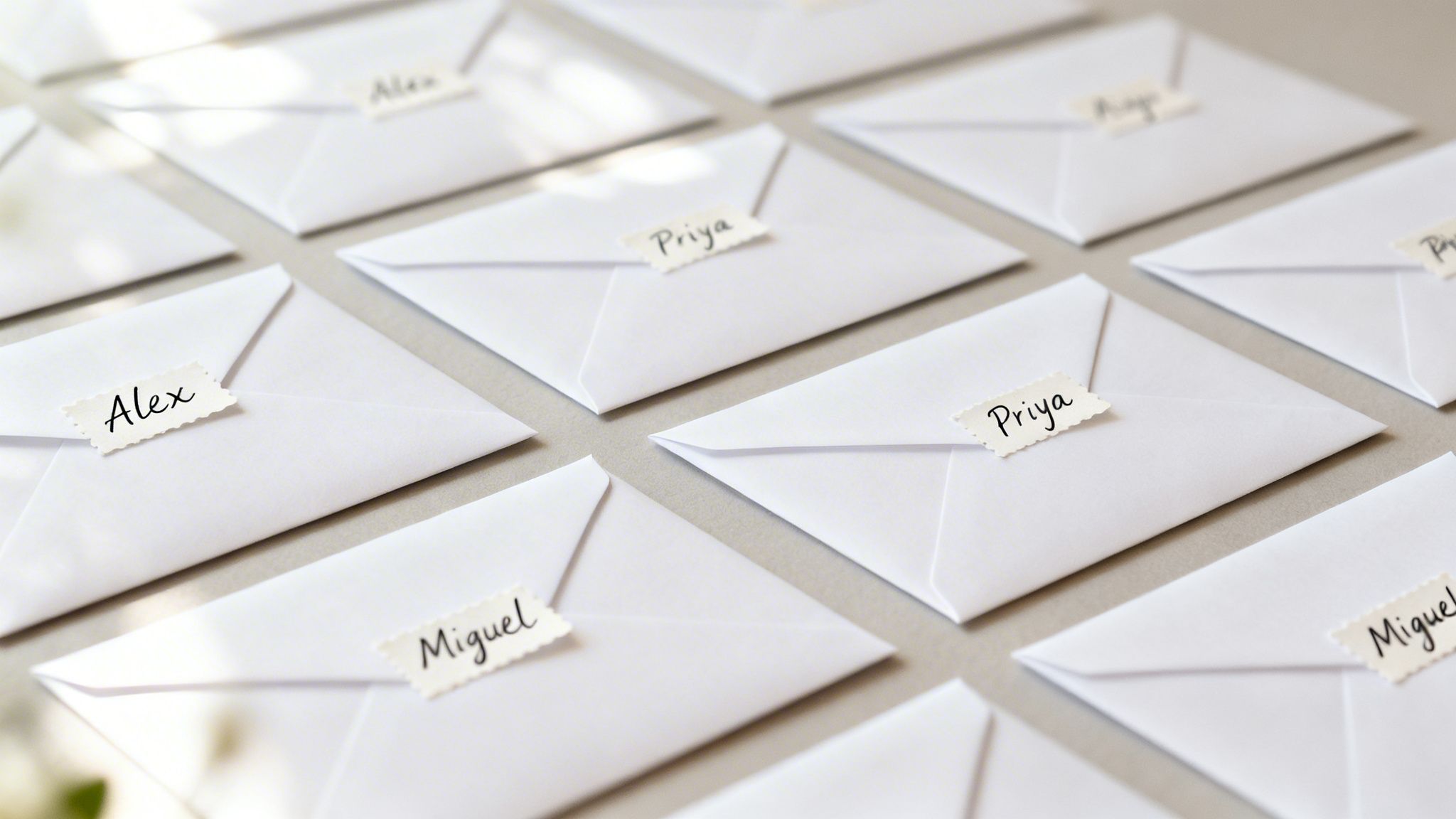 Rows of white envelopes with handwritten name tags like Alex, Priya, and Miguel for guests.