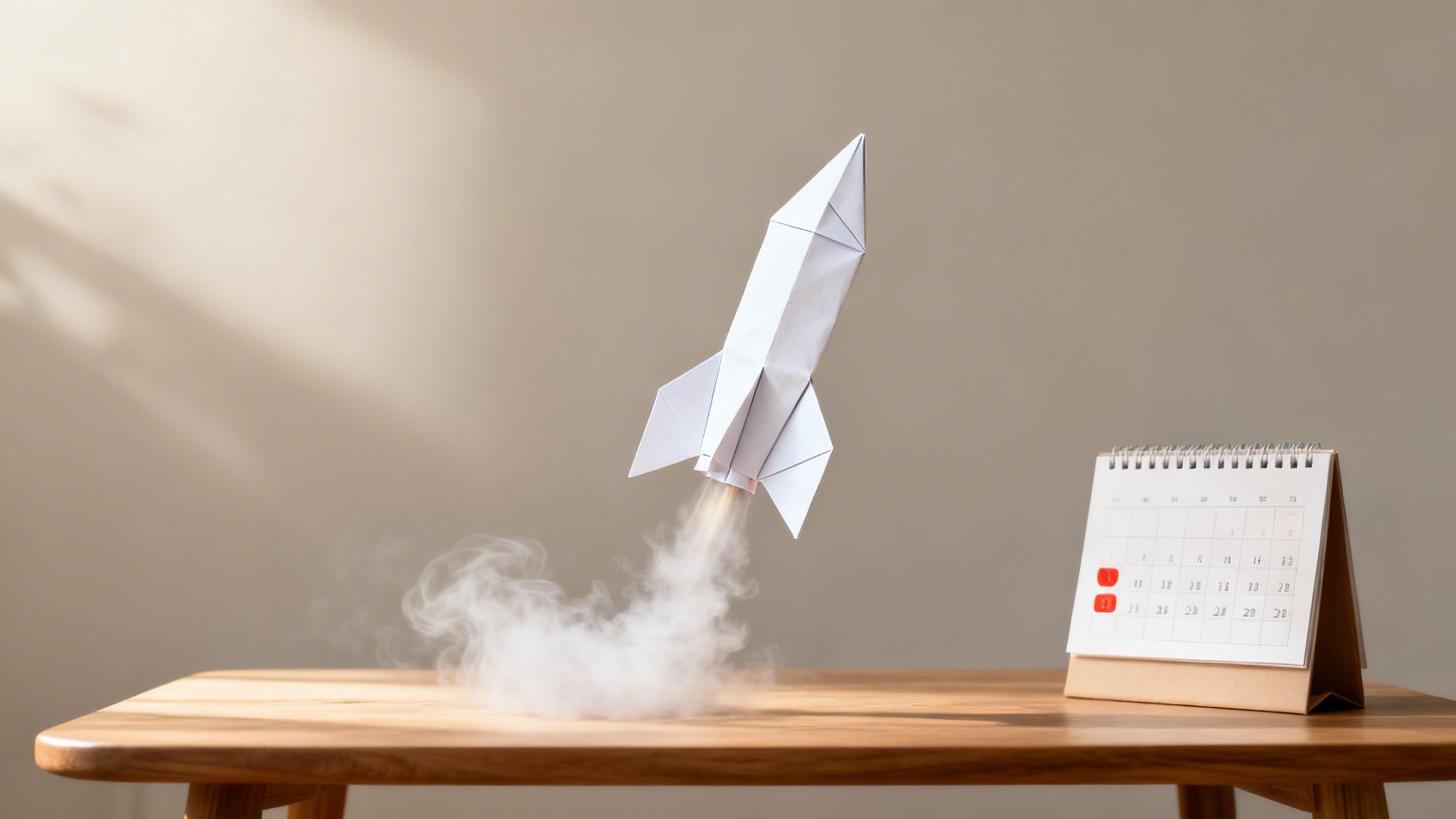 A white origami rocket takes off with smoke from a wooden table next to a calendar with highlighted dates.