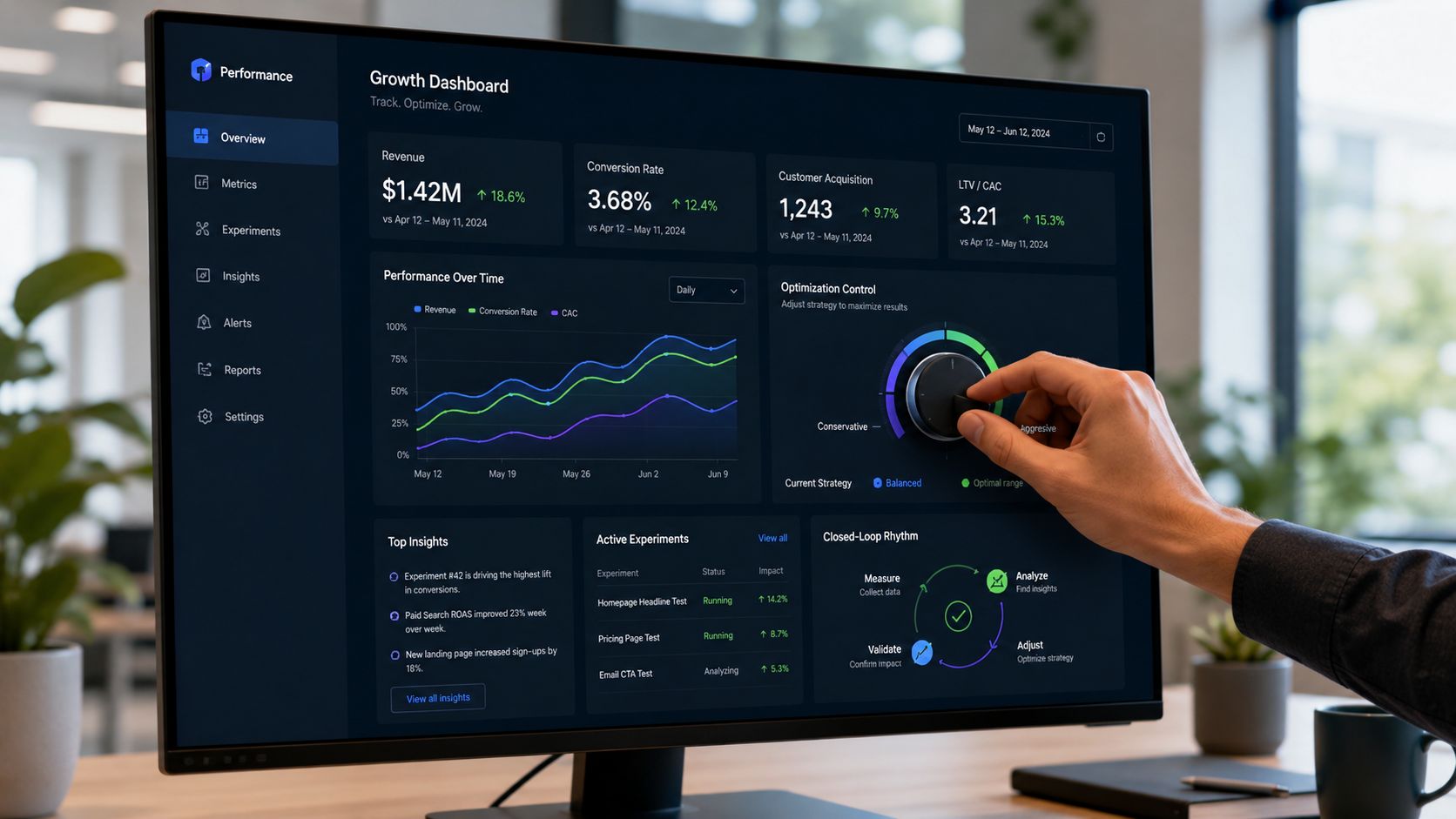 A professional analyzing a digital growth dashboard on a computer screen featuring performance metrics and optimization controls.