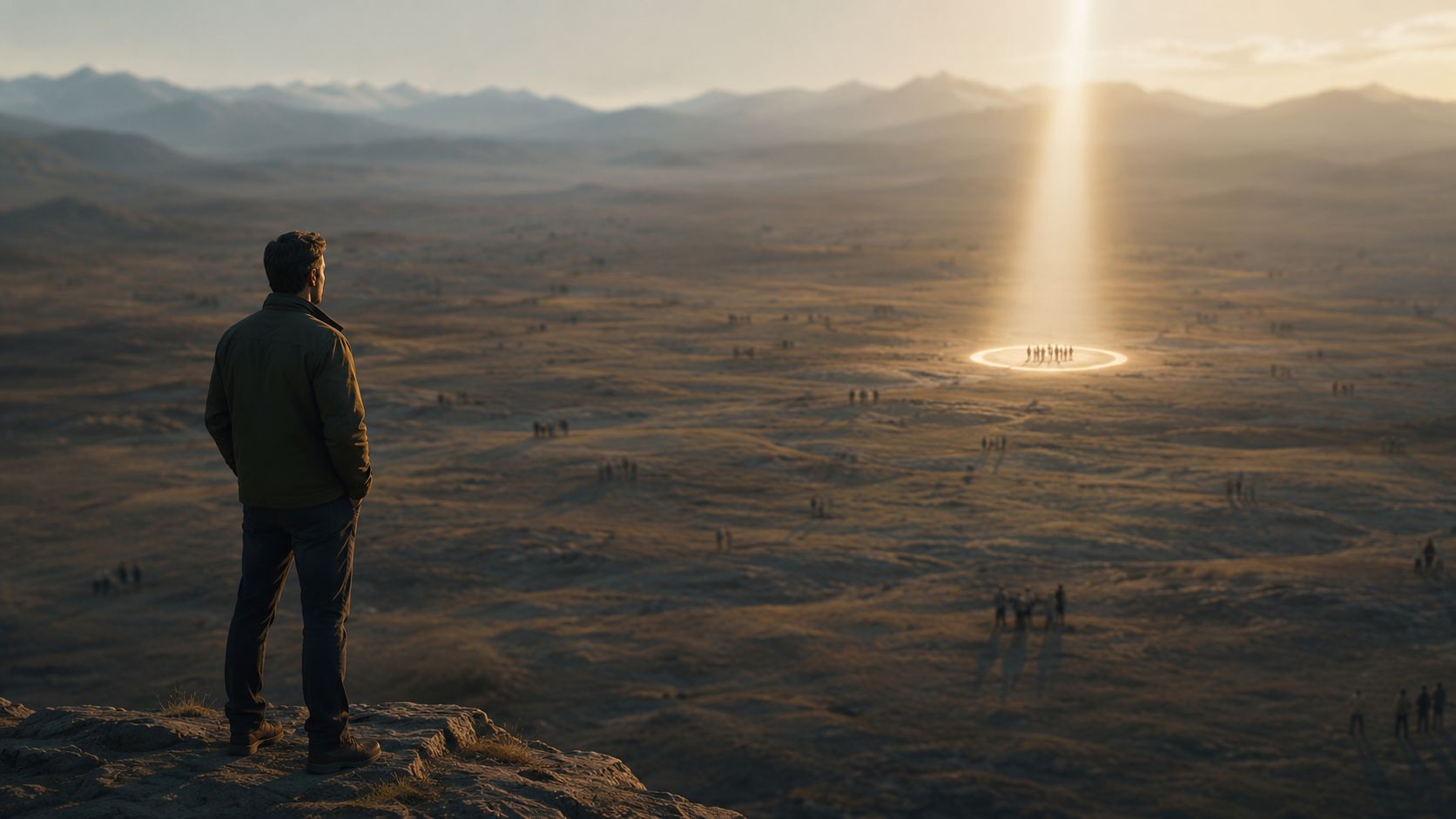 A man stands on a cliff overlooking a vast field with a bright light beam hitting people.