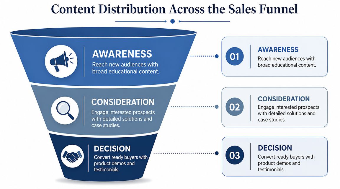 A sales funnel diagram illustrating content distribution strategies across awareness, consideration, and decision stages for potential customers.