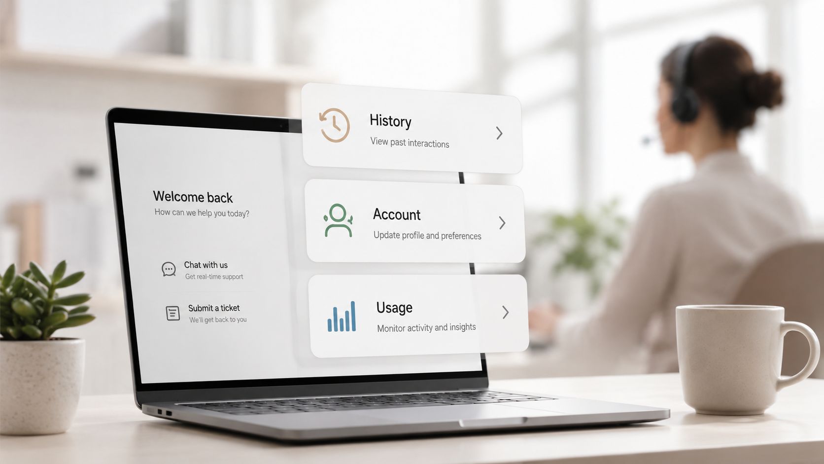 A laptop on a desk showing a customer support dashboard with options for history, account, and usage.