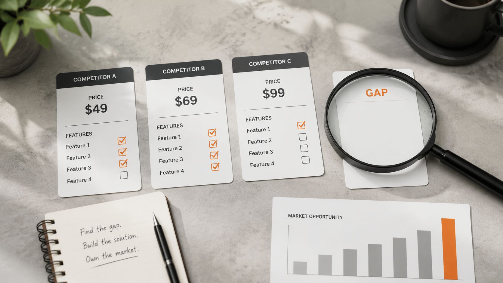 A table showing competitor feature comparisons, market opportunity trends, and a magnifying glass over a gap.