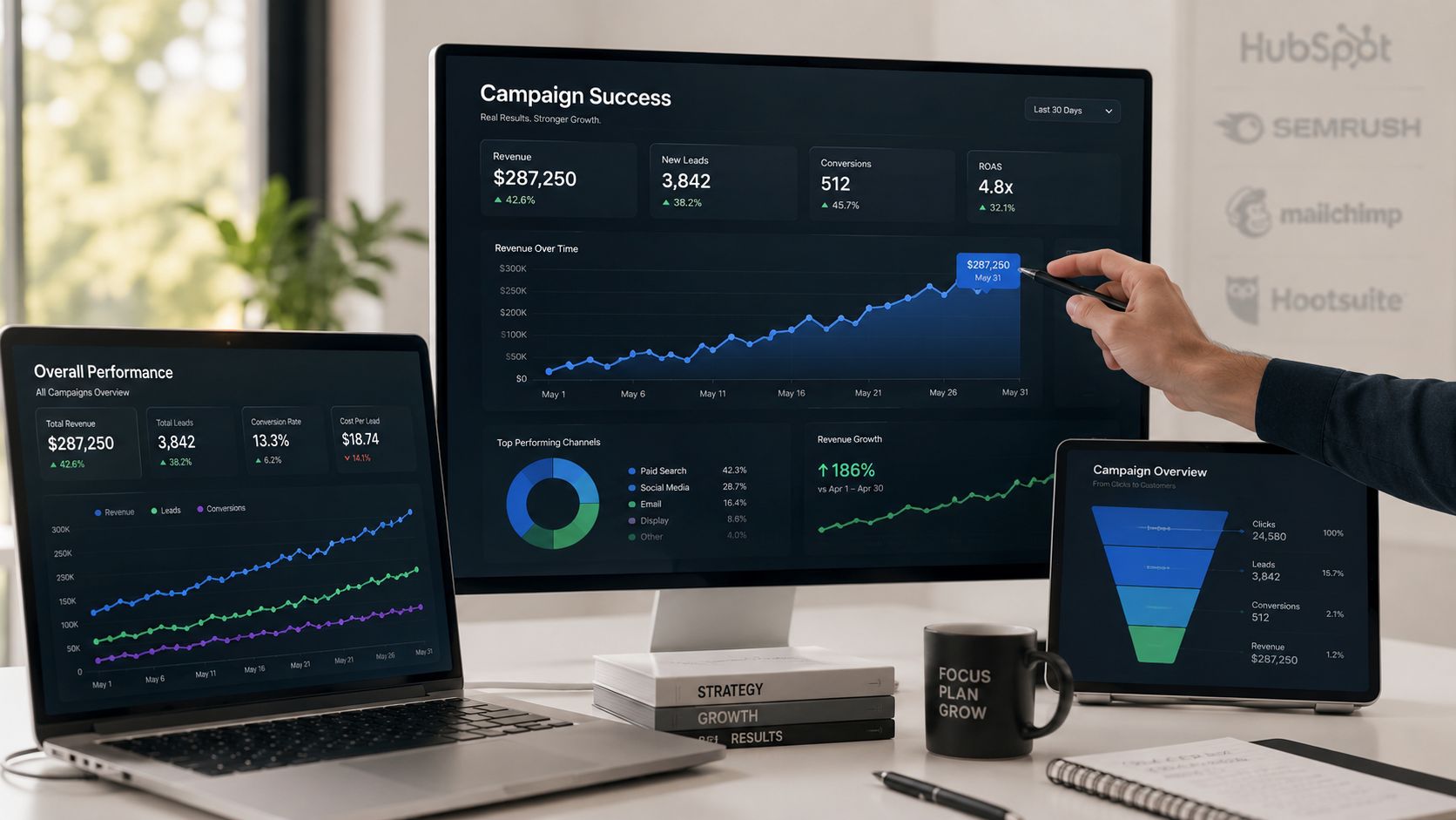 A professional desk setup with screens displaying business analytics dashboards, metrics, and data charts for marketing campaigns.