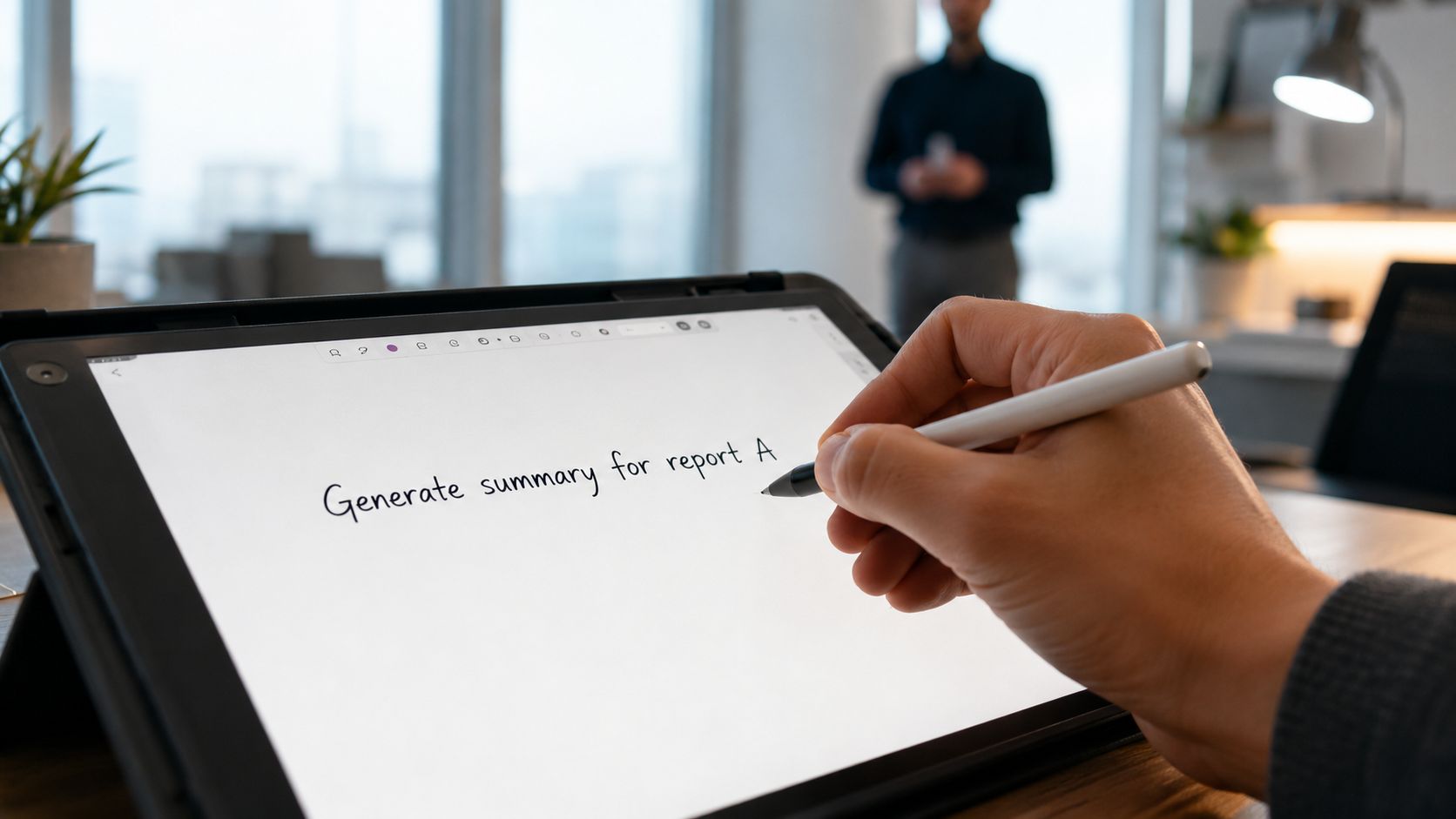 A close up view of a hand using a stylus to write text on a digital tablet screen.