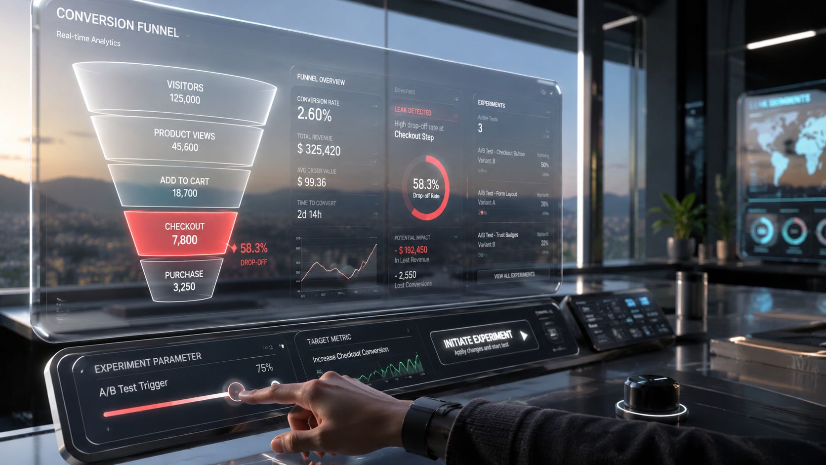 A futuristic digital dashboard displays real-time conversion funnel analytics with data visualization and a hand adjusting settings.