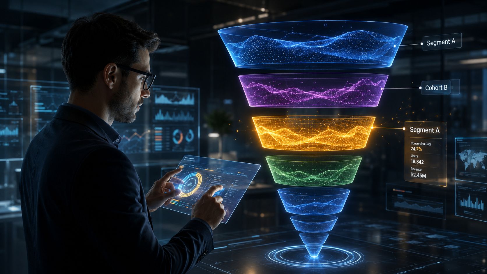 A professional man in a dark office using a digital tablet to analyze a glowing 3D conversion funnel.
