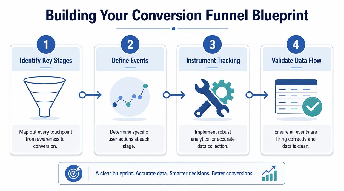 A four-step infographic illustrating the process of building and validating a business conversion funnel strategy.