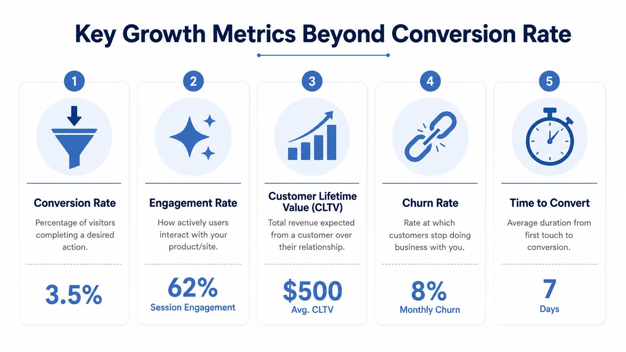 An infographic displaying five key growth metrics including conversion rate, engagement, CLTV, churn rate, and time to convert.