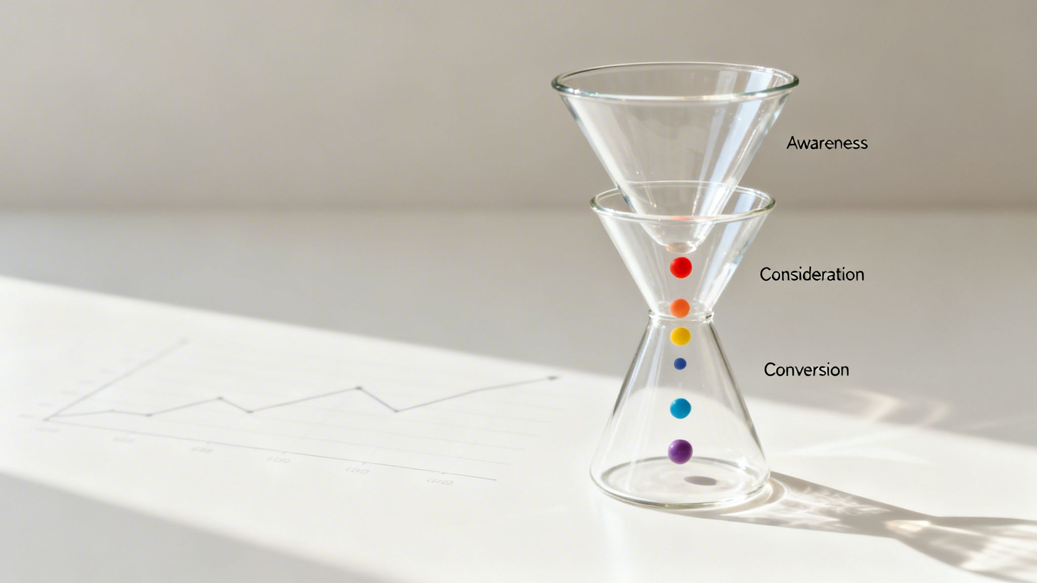 Glass marketing funnel hourglass illustrating awareness, consideration, and conversion stages with colorful balls.