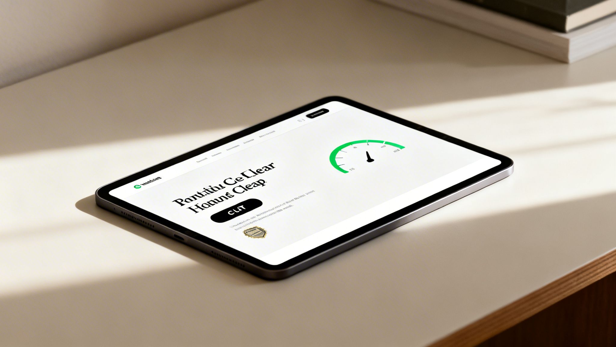A tablet displays a website with text and a green gauge on a minimalist desk.