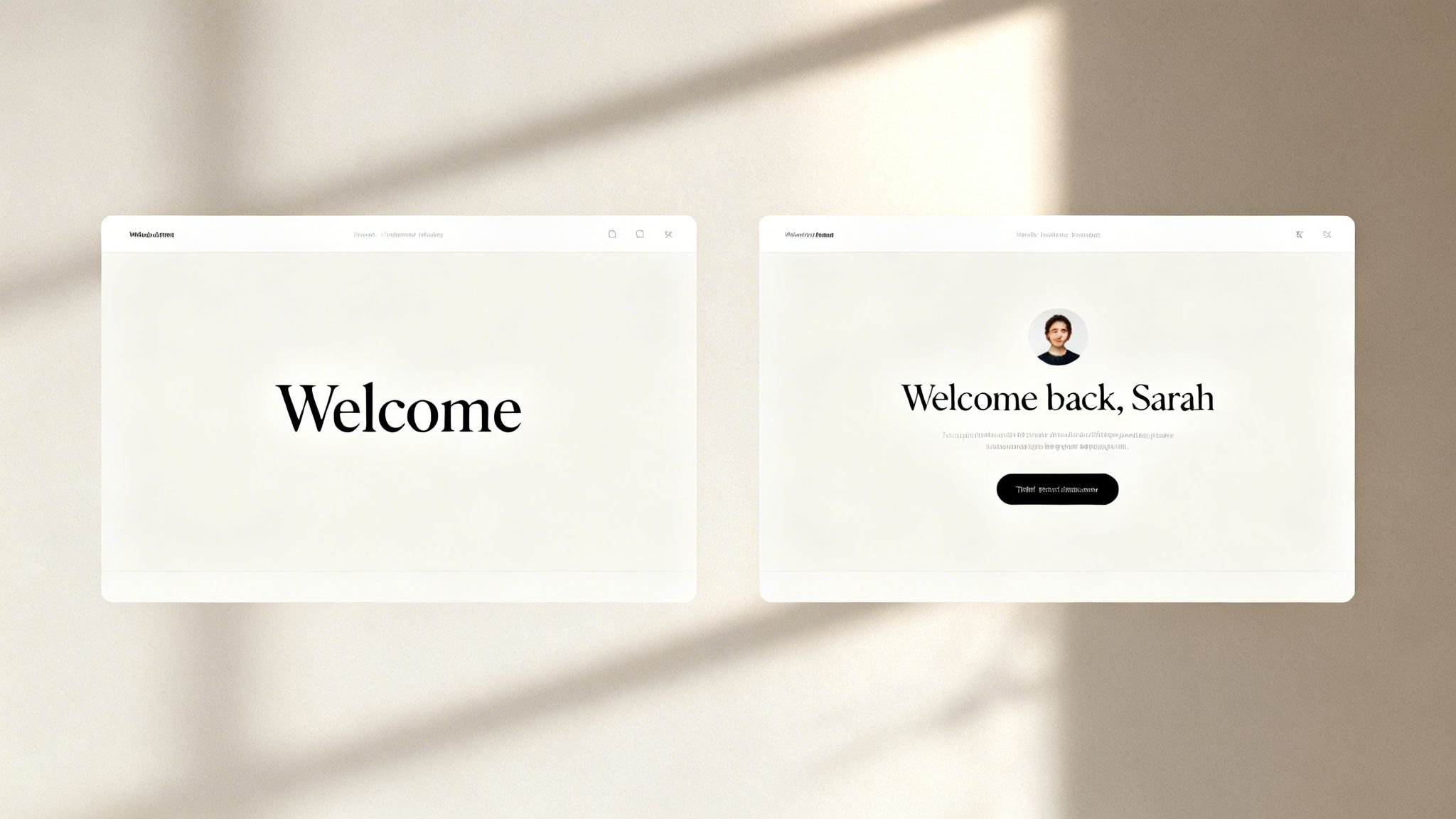 Two clean UI screens showing a welcome page and a personalized welcome back page with a profile picture.