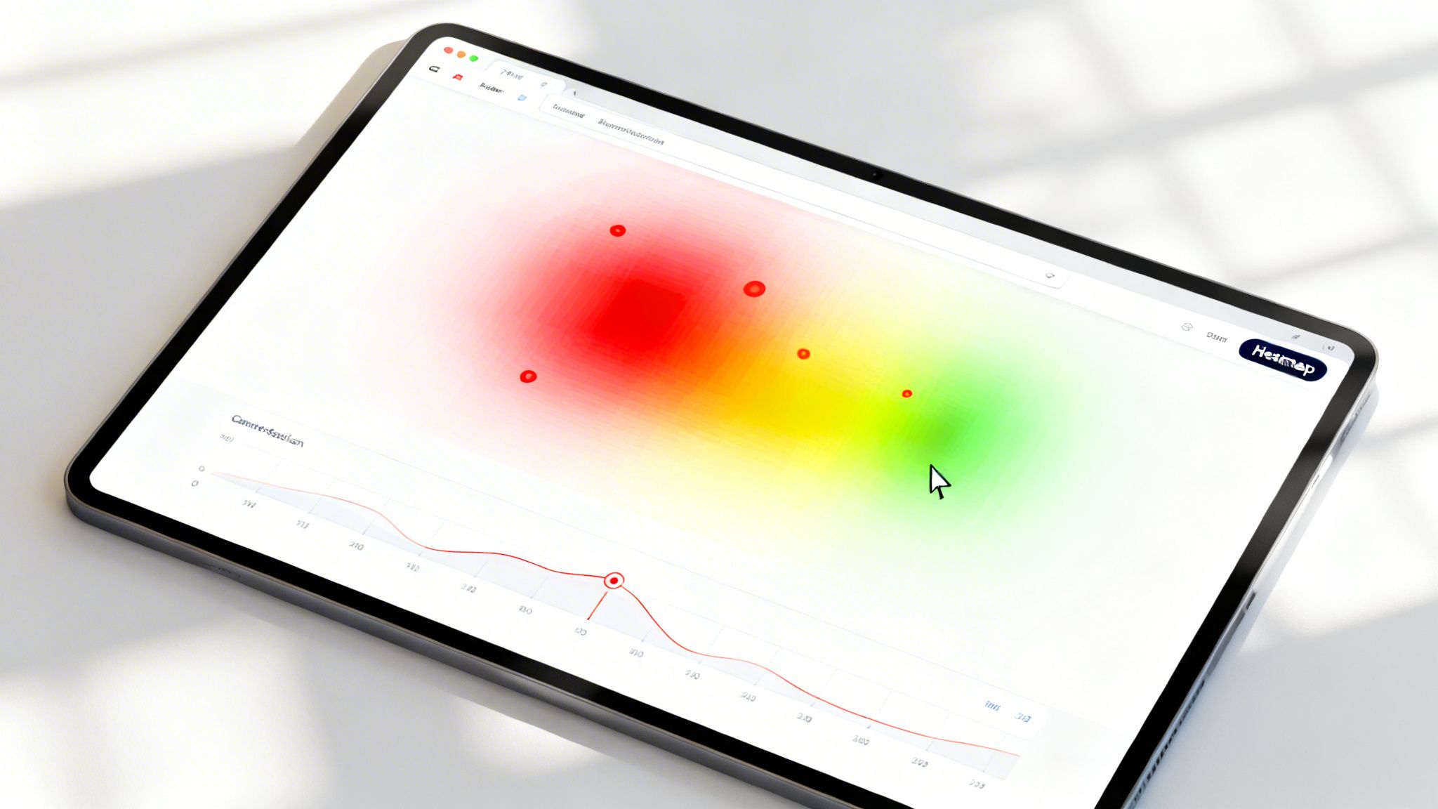 A tablet displays a colorful heatmap and a line graph for data analysis, highlighting user interaction.