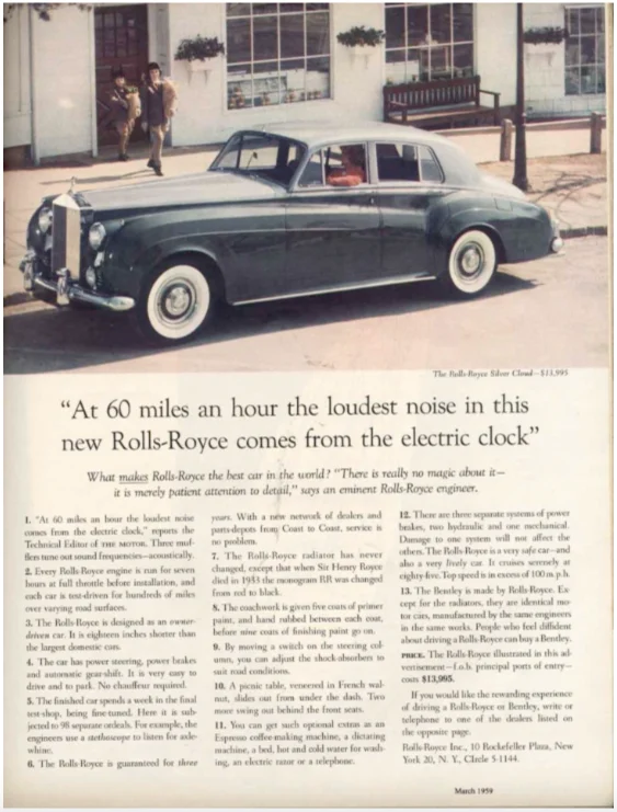 1959 Rolls-Royce ad with headline about the electric clock and numbered facts listing craftsmanship details