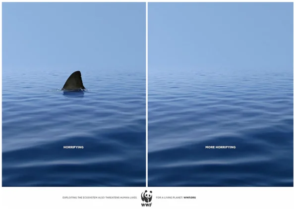 WWF ad: shark fin labeled HORRIFYING beside empty ocean labeled MORE HORRIFYING