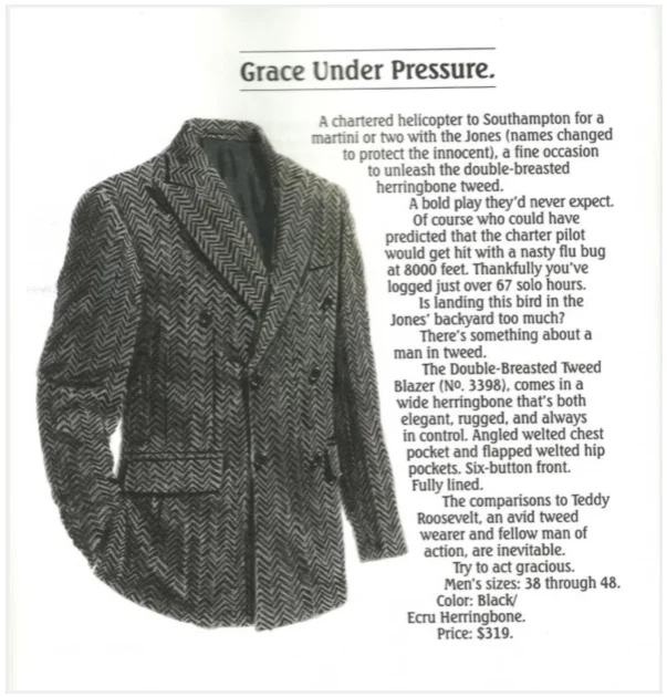 Print ad "Grace Under Pressure" for a tweed blazer, using a humorous helicopter-landing story to sell the jacket