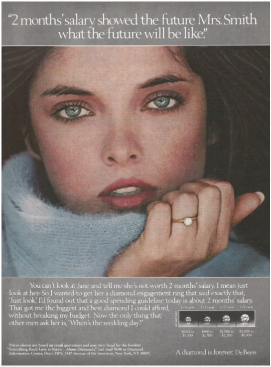 Vintage De Beers ad: woman with ring, headline 2 months' salary, price chart by carat, tagline A diamond is forever