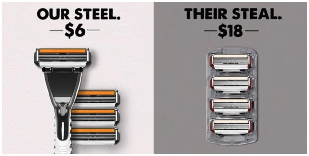 Ad comparing "Our Steel. $6" razor with handle and four cartridges to "Their Steal. $18" cartridges-only pack