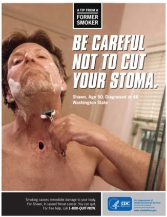 CDC Tips From Former Smokers print ad featuring Shawn W., who breathes through a stoma, shaving