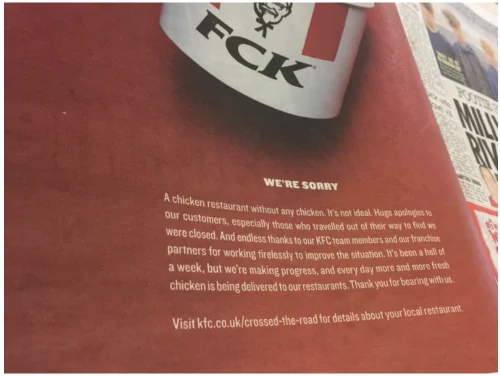 KFC print ad with bucket reading 'FCK' instead of its logo, headline "WE'RE SORRY," apologizing for a chicken shortage