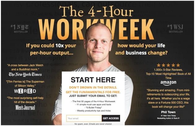 Tim Ferriss landing page with bestseller badges, press quotes, and email opt-in box for free fundamentals
