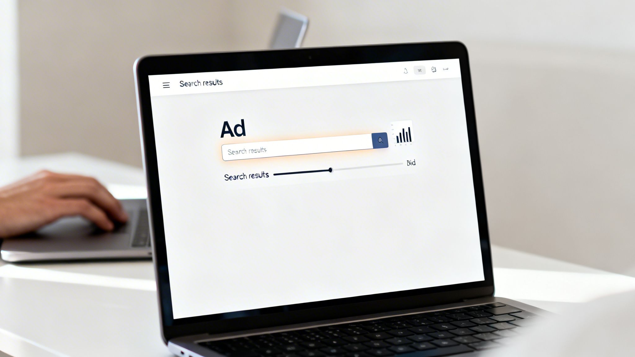 Close-up of a laptop screen displaying an ad management interface with a search bar and bid slider.