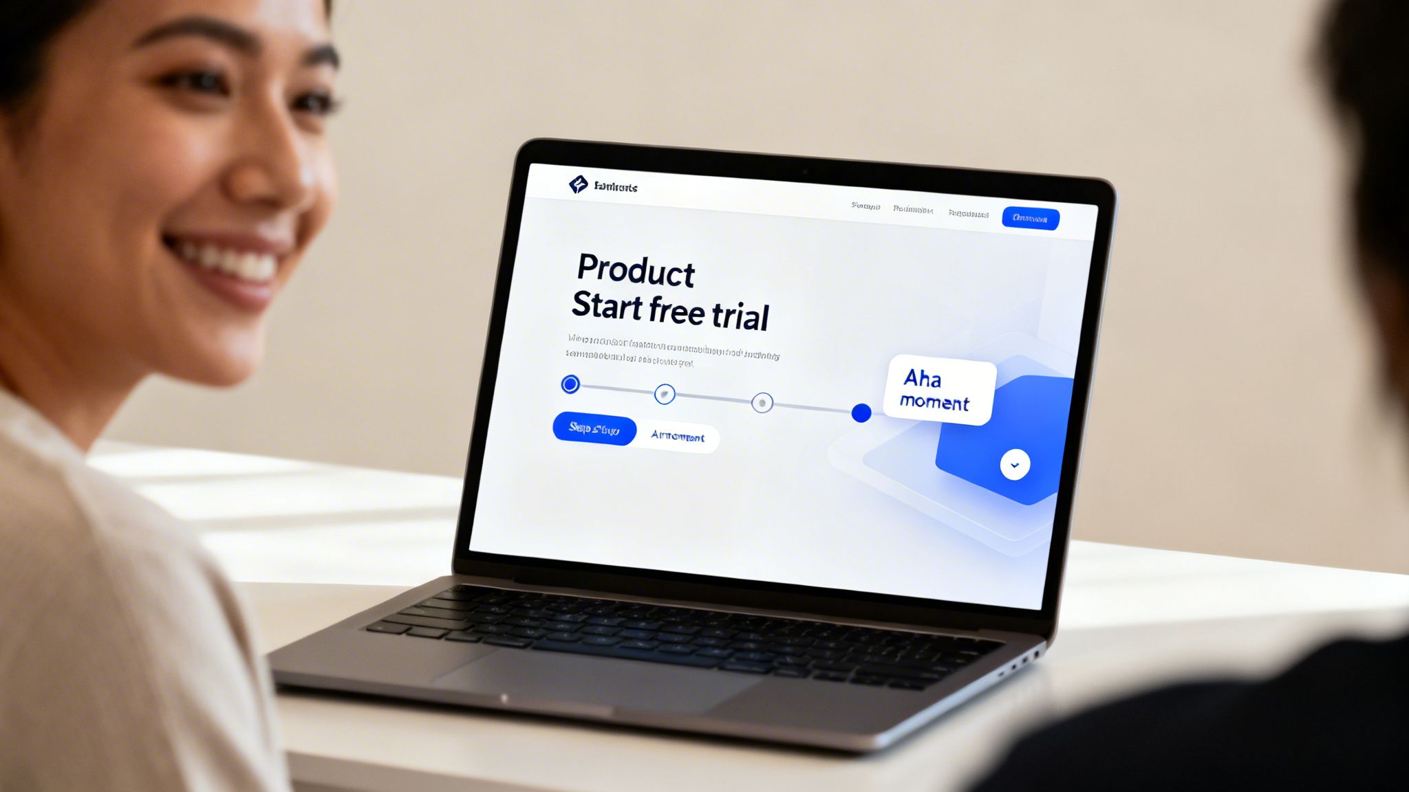 A smiling woman looks at a laptop displaying a product's free trial and customer journey.