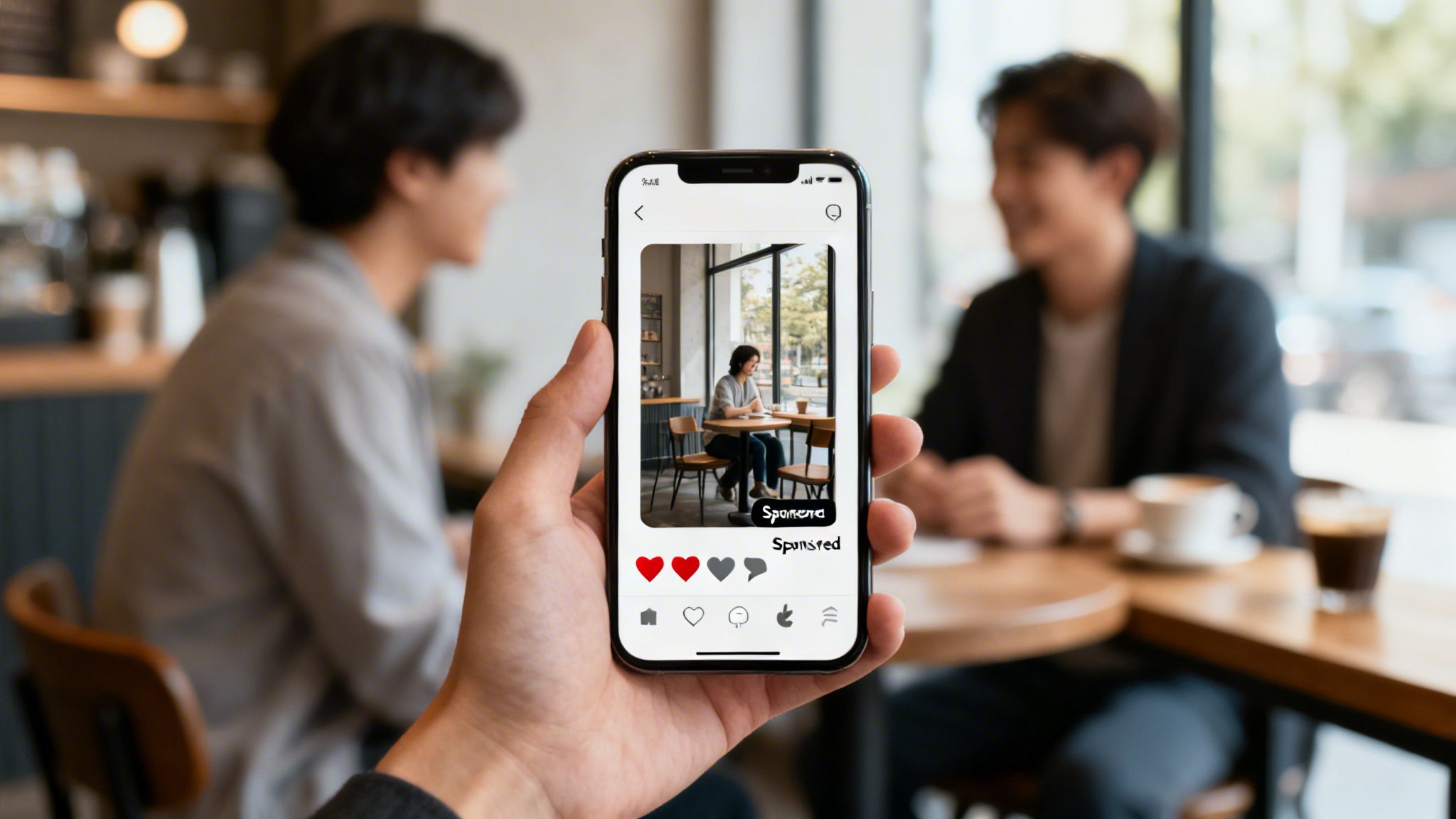 Hand holding a smartphone displaying a sponsored social media ad of a woman in a coffee shop.