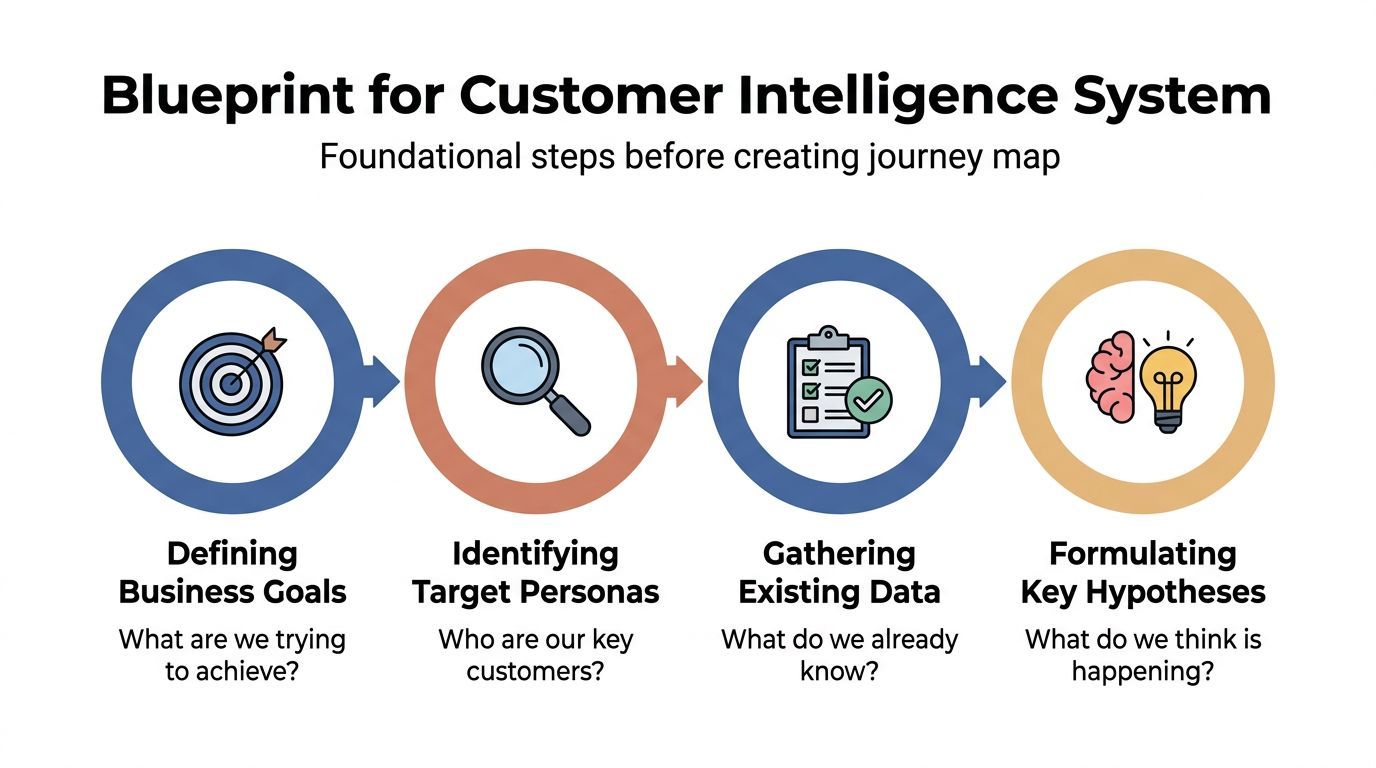 A diagram illustrating four foundational steps for building a customer intelligence system before creating a journey map.