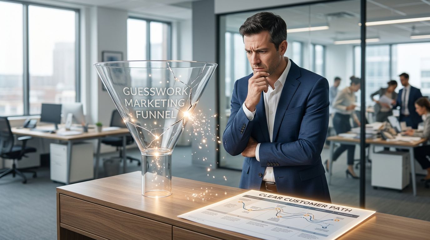 A professional businessman looking thoughtfully at a broken glass marketing funnel and a clear customer path chart.