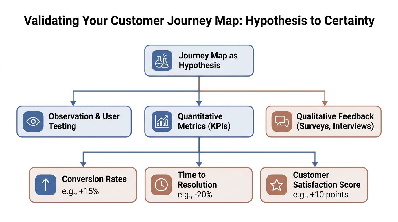 A diagram illustrating the process of validating customer journey maps using observation, metrics, and qualitative feedback.