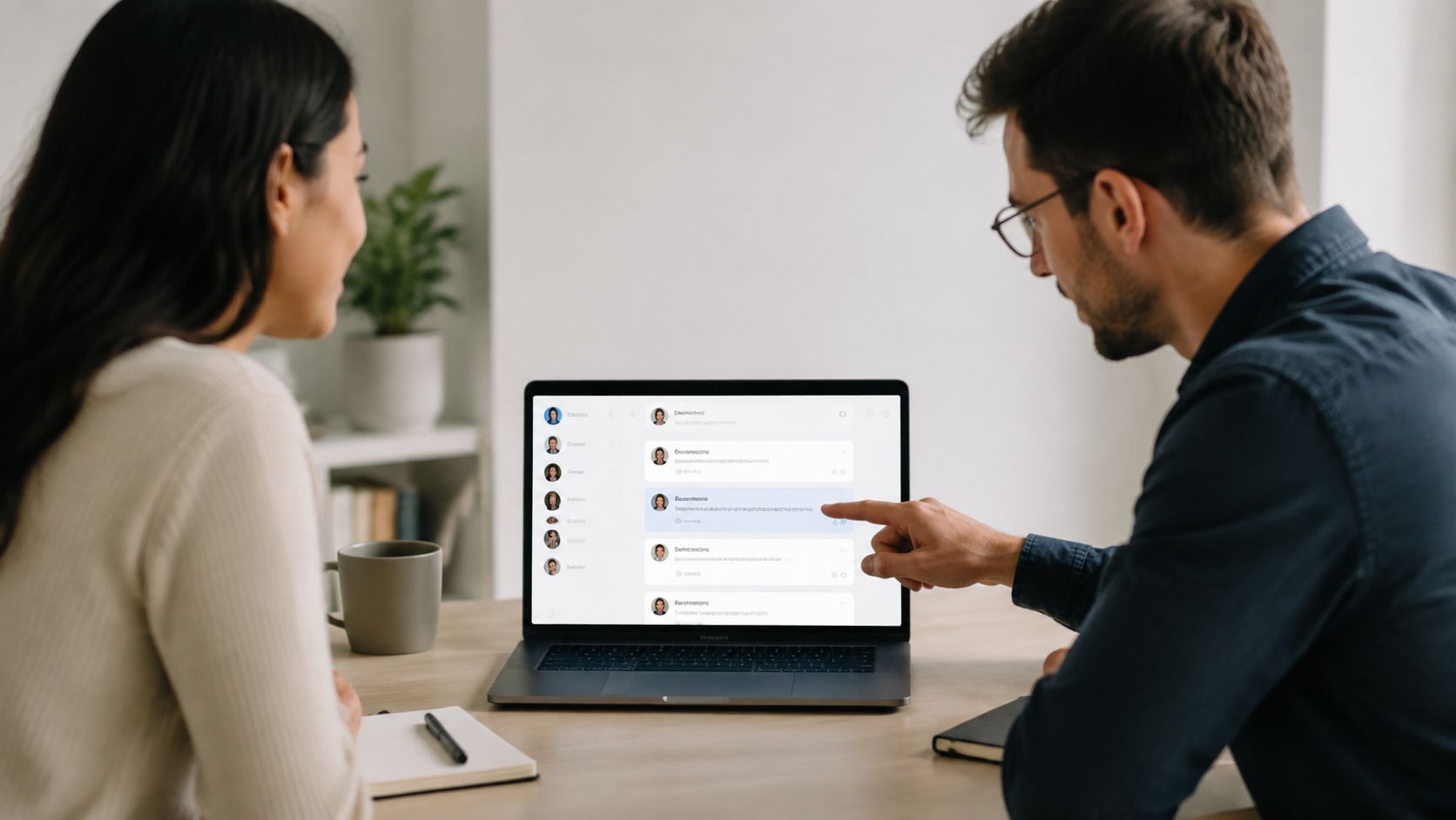 A professional man and woman working together on a laptop to analyze customer communication data.