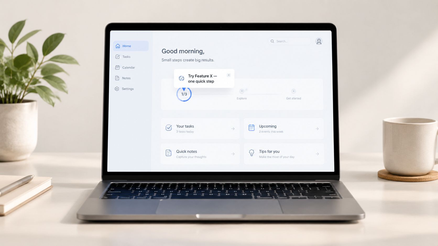 A modern laptop on a desk displaying a clean project management software dashboard for professional productivity.