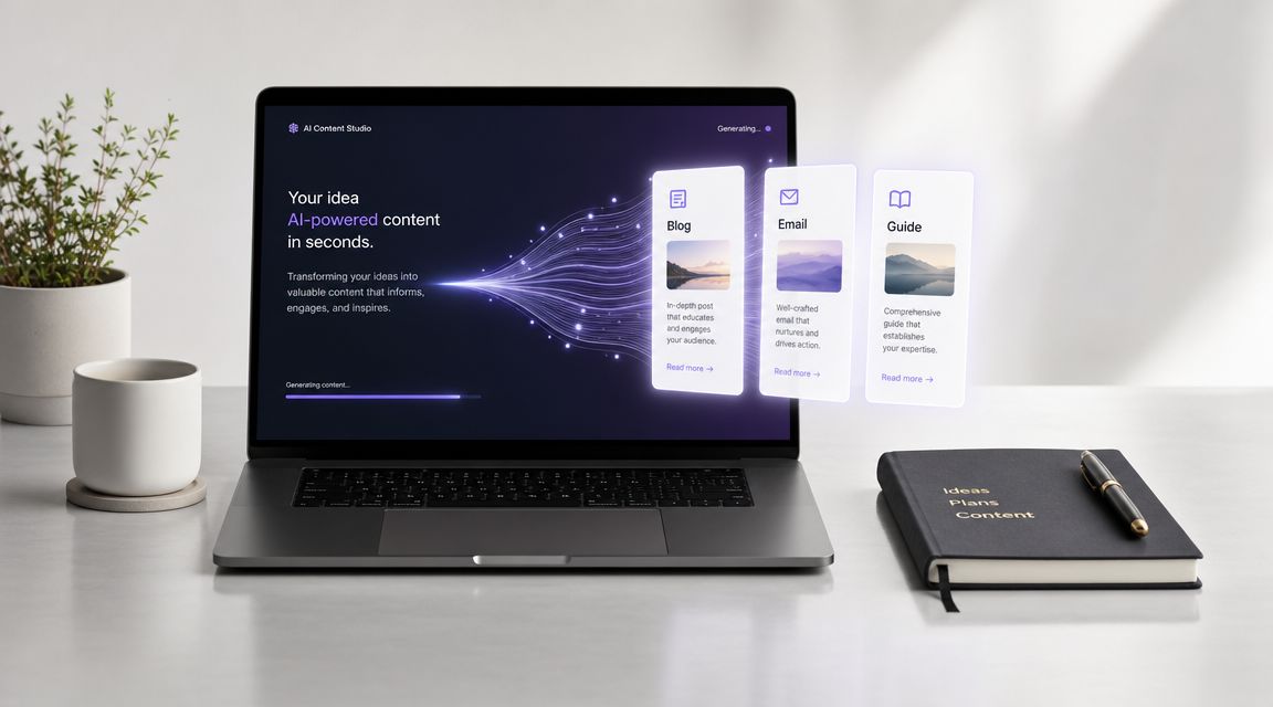 An open laptop displays an AI-powered content generation interface on a desk next to a notebook.