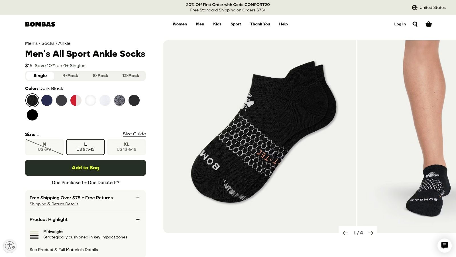 Bombas — Men’s All‑Sport Ankle Socks PDP (mission‑led conversion)