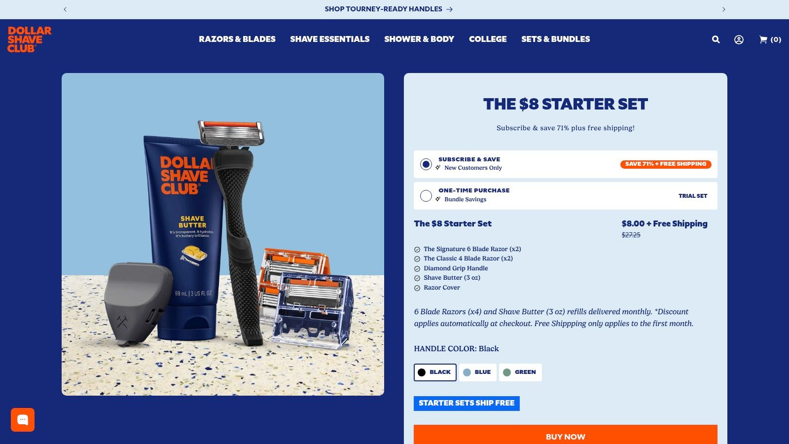 Dollar Shave Club — “$8 Starter Set” offer page