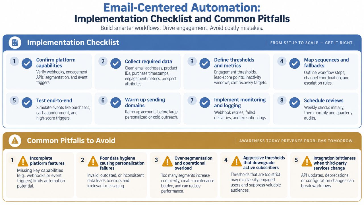 A structured checklist for email marketing automation implementation, highlighting key steps and common pitfalls to avoid.