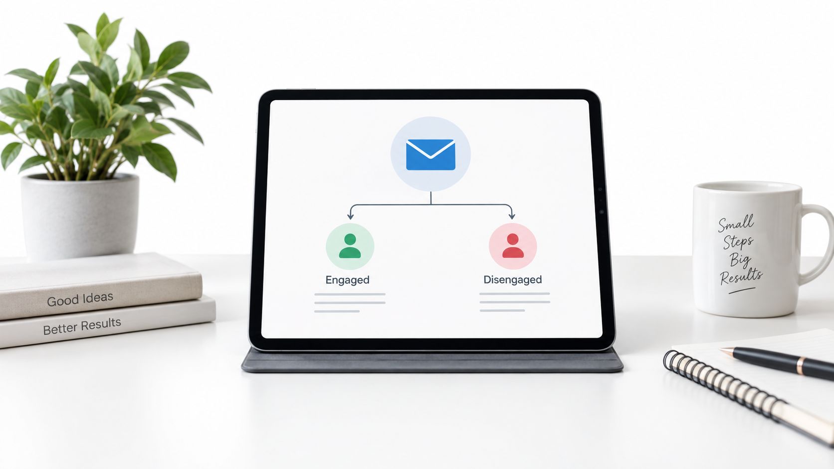 A digital tablet on a desk displays an email marketing diagram showing engaged and disengaged customer segments.