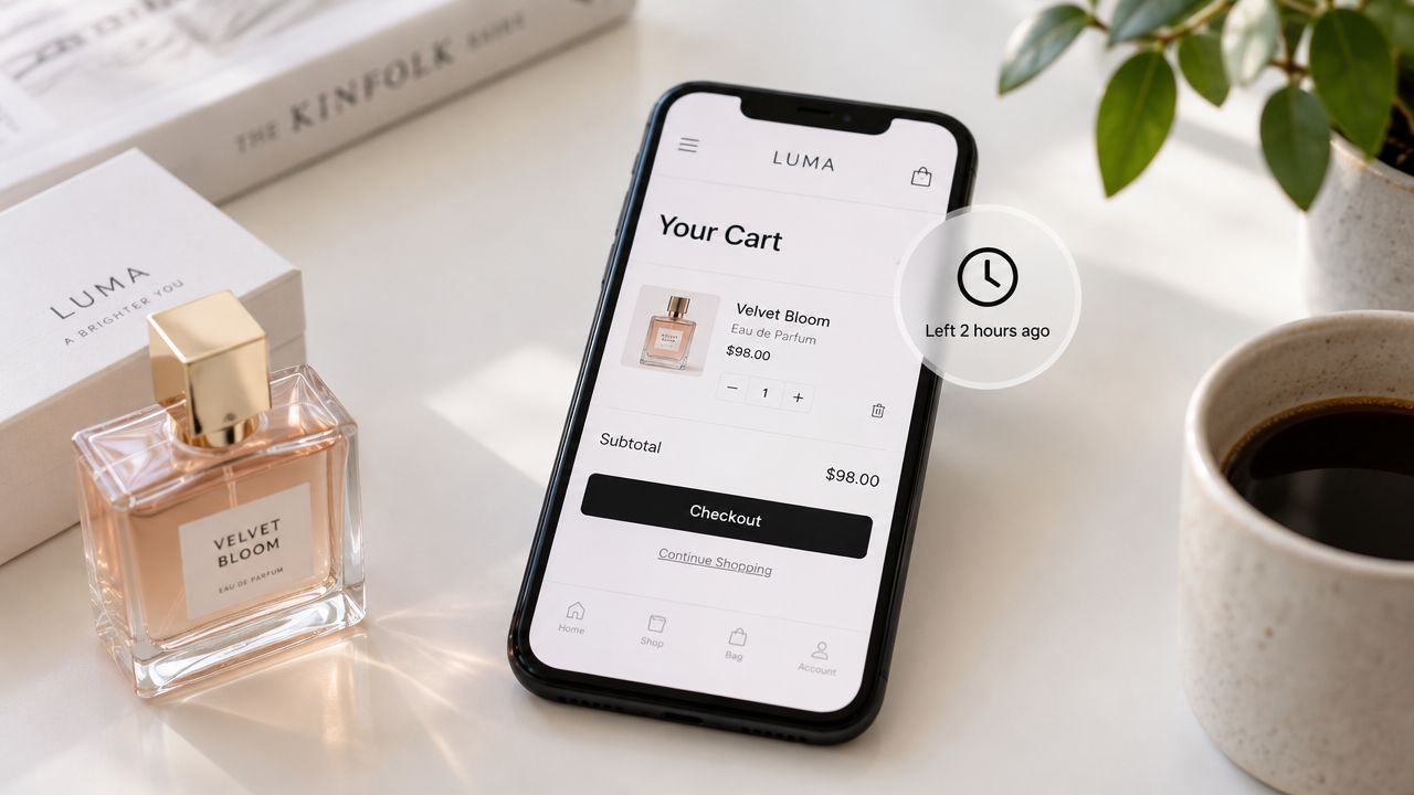 A smartphone screen displaying a shopping cart with a perfume item, highlighted by a notification about abandoned items.
