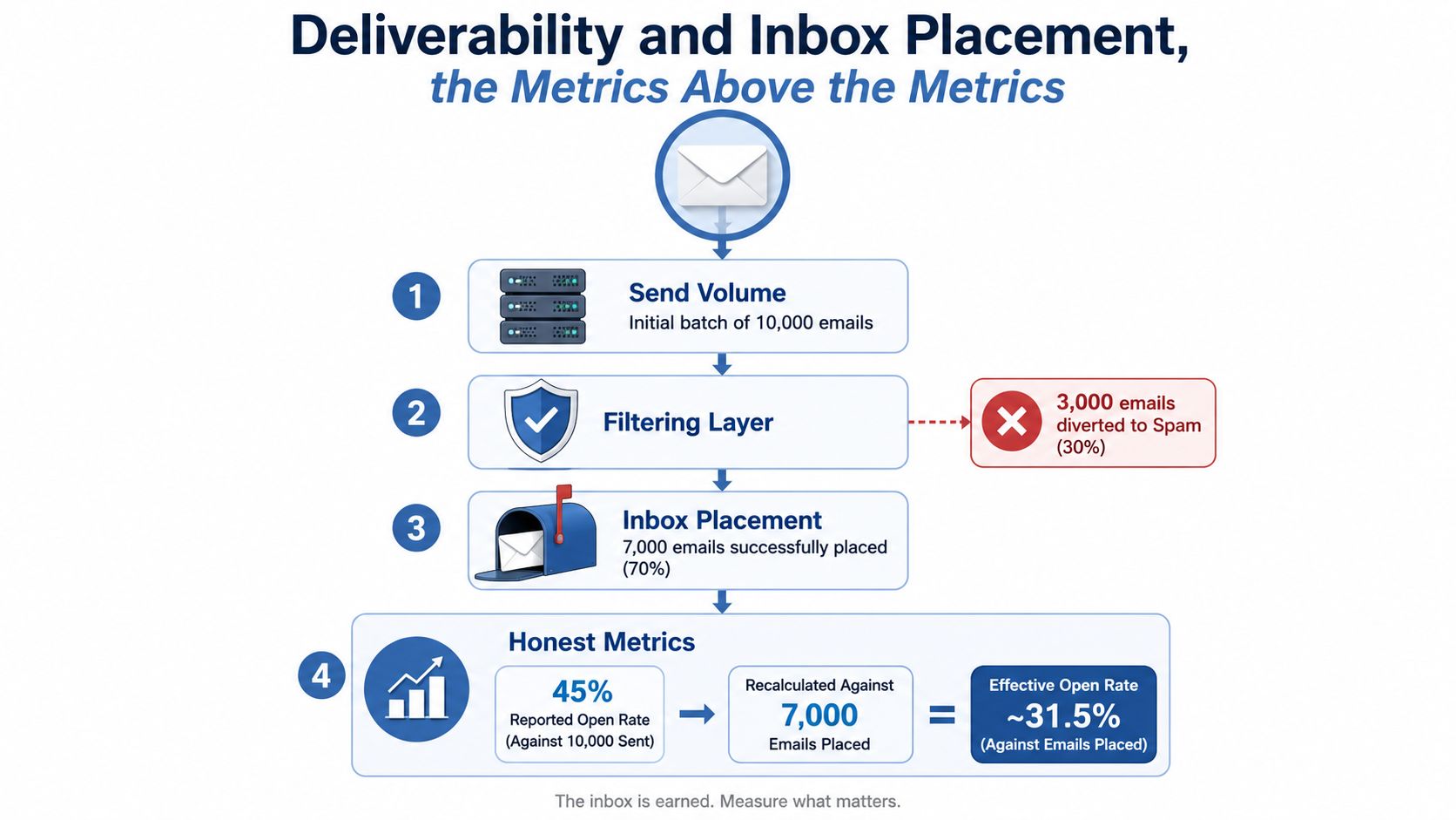 A flowchart showing how filtering affects email deliverability and how to calculate the true effective open rate.