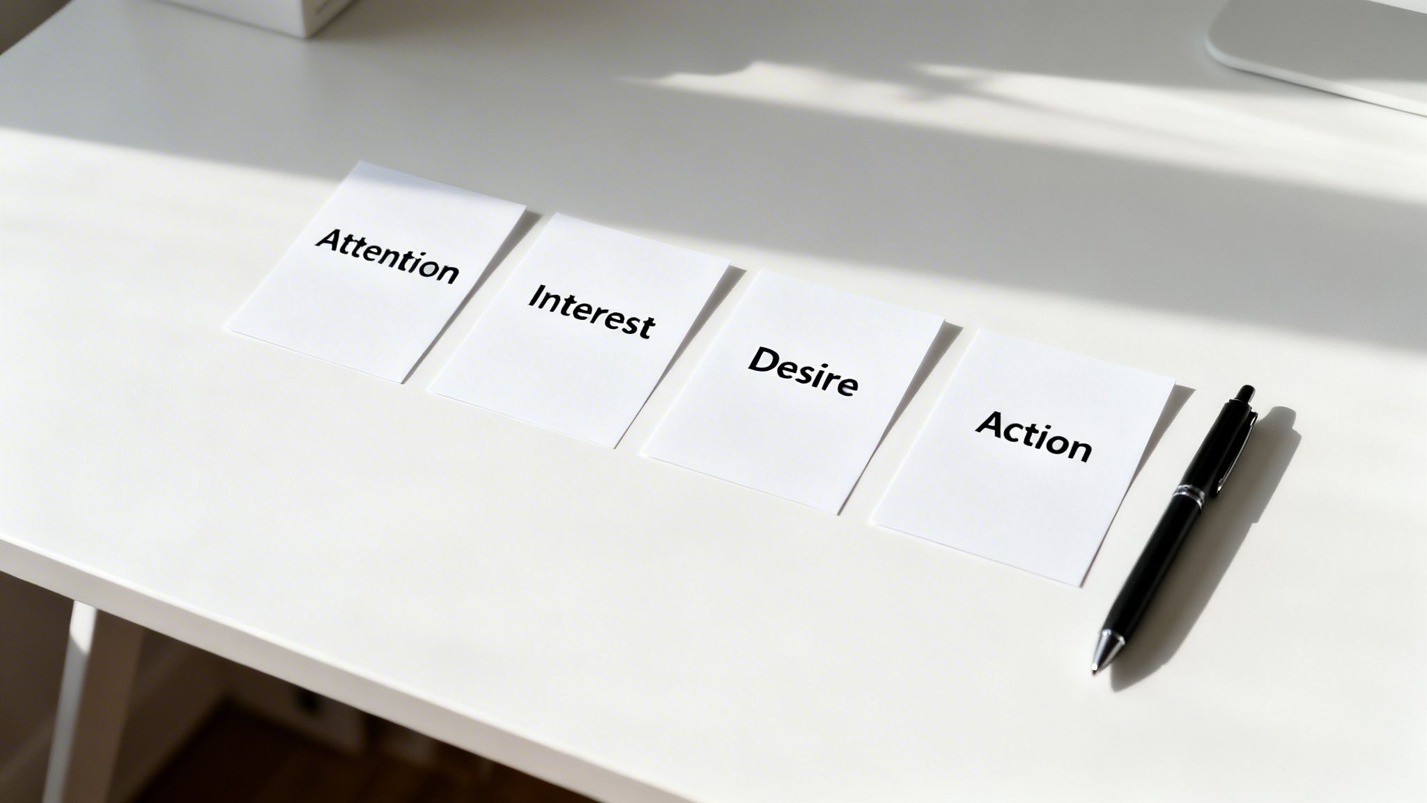 Four cards displaying AIDA model steps: Attention, Interest, Desire, Action, on a white desk.