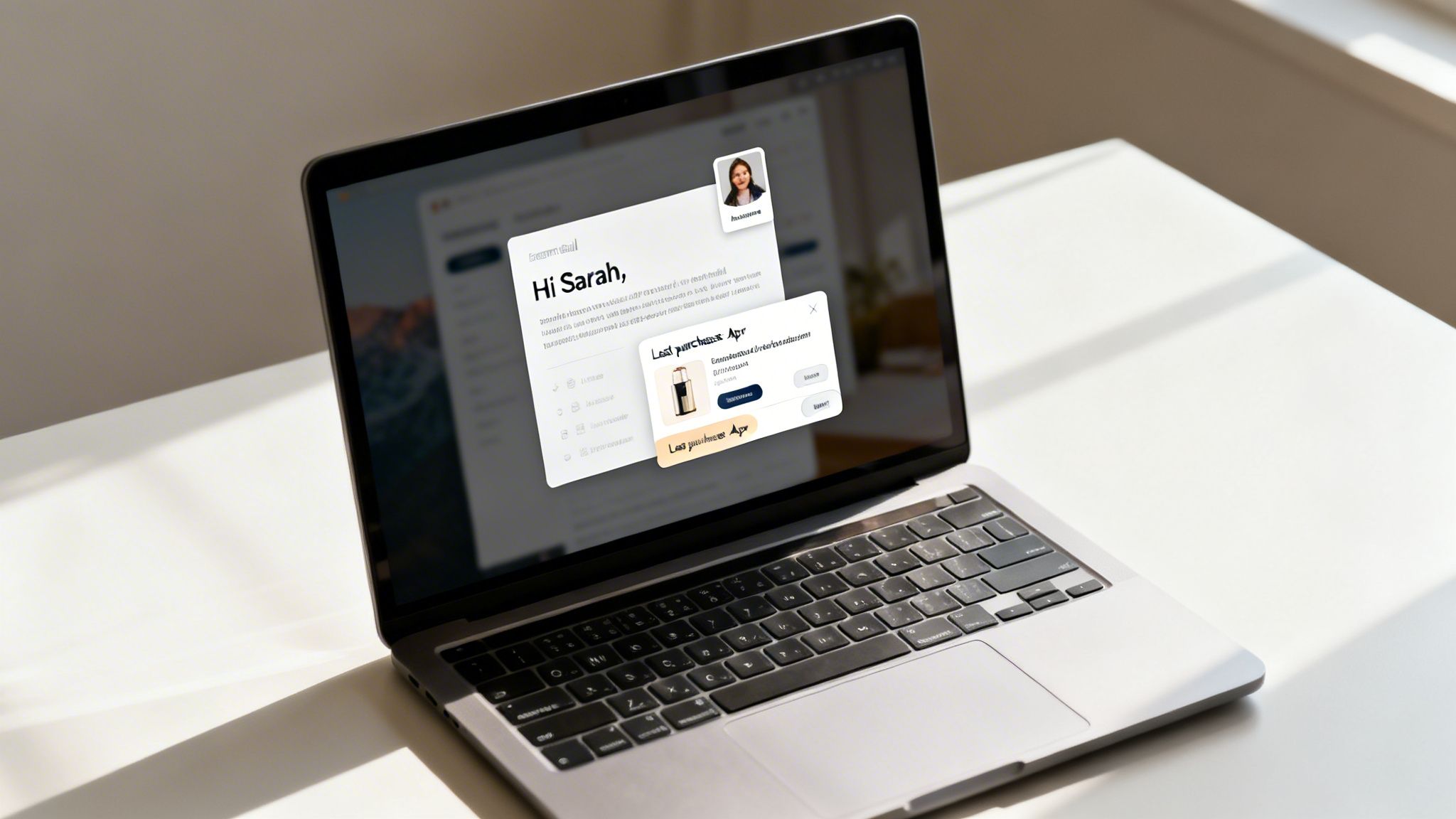 Laptop on a clean desk displaying email prompts, including a 'Hi Sarah' greeting and a 'Last purchase' notification.