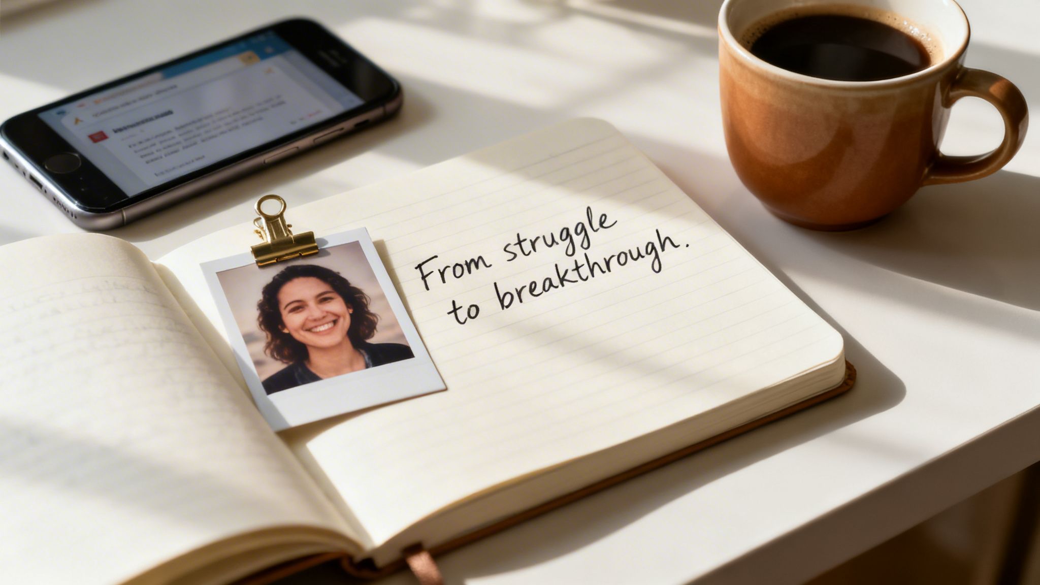 An open notebook with an inspiring quote, a smiling woman's photo, smartphone, and coffee on a sunlit desk.