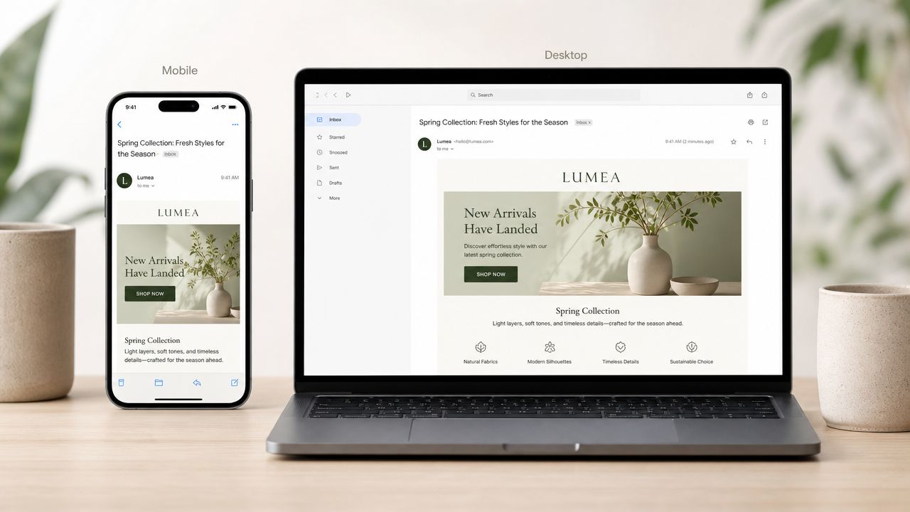 A smartphone and laptop displaying the same email marketing campaign showing responsive email design optimization across different devices.