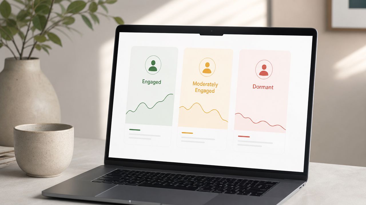 A laptop screen displaying a dashboard with three user engagement categories: Engaged, Moderately Engaged, and Dormant.