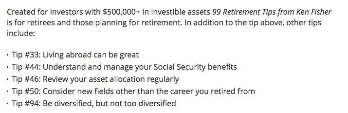 Ad offering '99 Retirement Tips from Ken Fisher' free to investors with $500,000+, with five sample tips listed