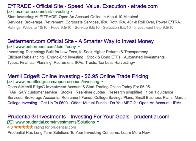Google search ads for "investing" showing E*TRADE, Betterment, Merrill Edge, and Prudential competing with distinct headlines
