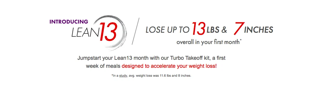 Lean13 program banner claiming 13 lbs and 7 inches lost in month one, with Turbo Takeoff kit and study disclaimer